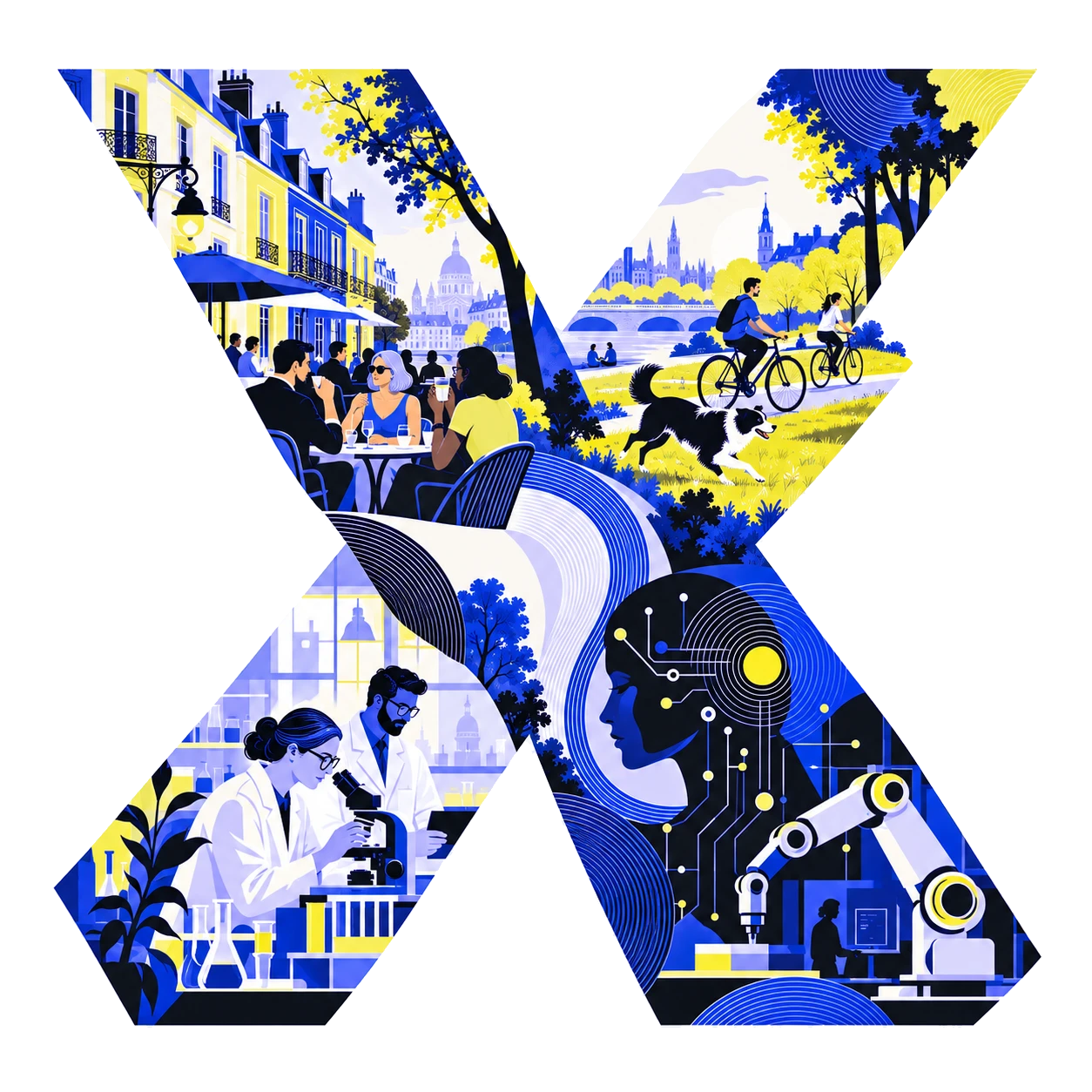 An editorial illustration in the shape of a large X, drawn from scenes of European life and progress: townhouses and a café, people cycling and walking a dog in a park, researchers at a microscope, an AI circuit profile and a robotic arm, in electric blue, acid yellow and fine curved linework.