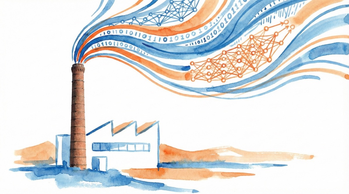 Watercolor illustration in Christoph Niemann style showing a factory smokestack emitting streams of binary data and neural network nodes instead of smoke, representing Austria's AI Factory as European AI compute infrastructure