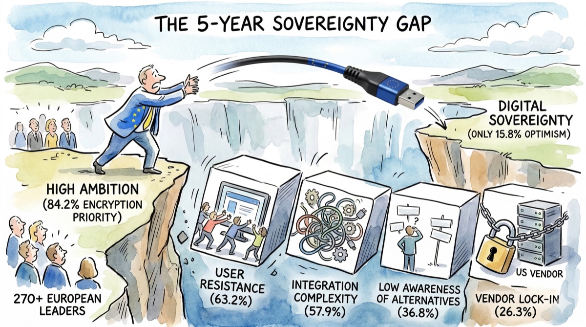 Illustration showing the 5-year sovereignty gap: a figure in an EU suit reaches across a chasm toward a USB cable labeled Digital Sovereignty, with four blockers — user resistance, integration complexity, low awareness, and vendor lock-in — filling the gap below